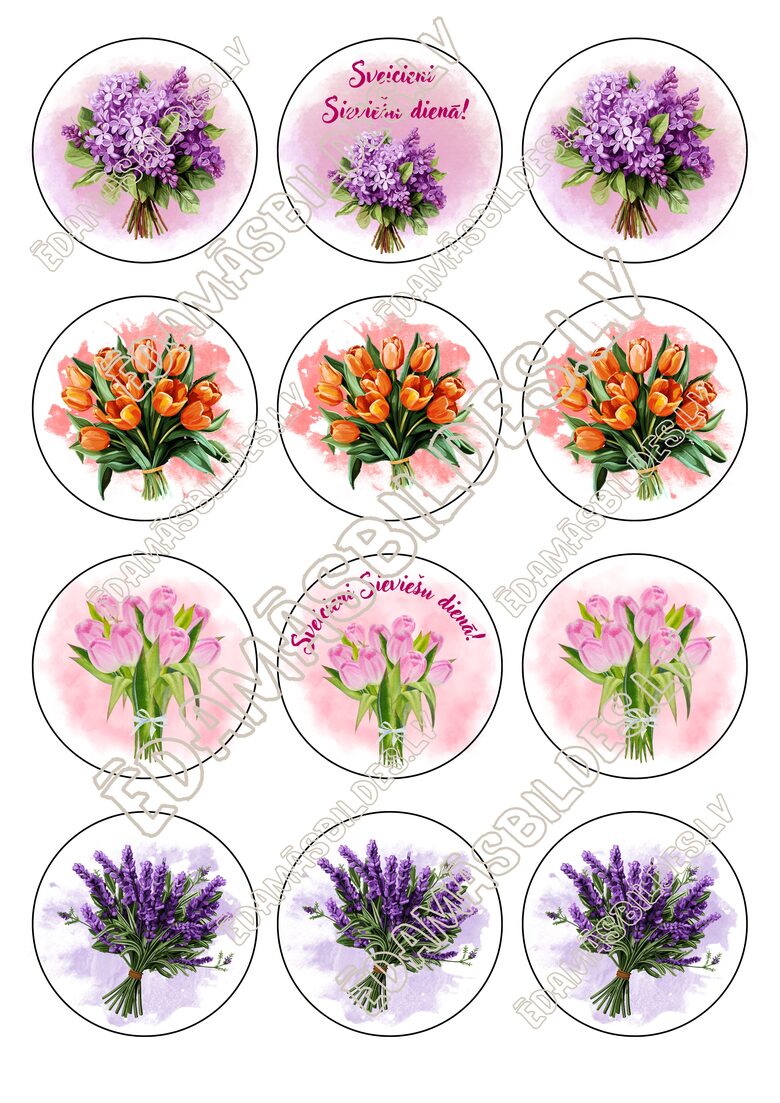 Cukura papīrs ar apdruku "Sieviešu diena 2", aplīši 6 cm 